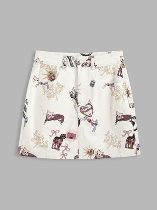 Denim Middle Waist Puppy Graphic Pocket Mini Skirt