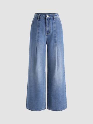 Denim Middle Waist Solid Pleated Baggy Wide Leg Jeans