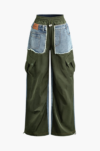 Denim Patchwork Flap Pocket Drawstring Cargo Pants (M / GREEN)