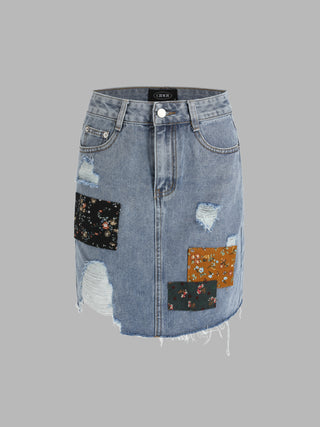 Denim Patchy Ripped Mini Skirt