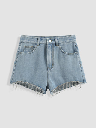 Denim Rhinestone Decor Tassel Shorts