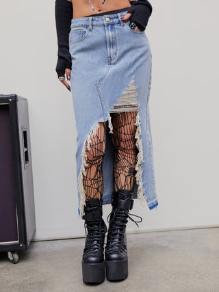 Denim Ripped Tassel Maxi Skirt