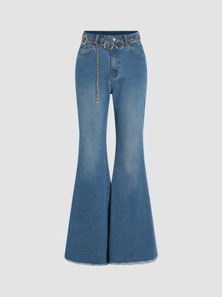 Denim Solid Belted Flared Jeans