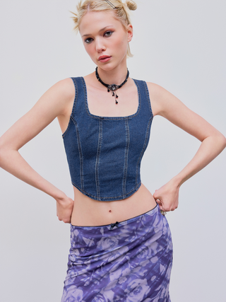 Denim Solid Crop Corset Cami Top