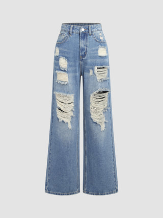 Denim Solid Ripped Wide Leg Jeans (L / Denim)