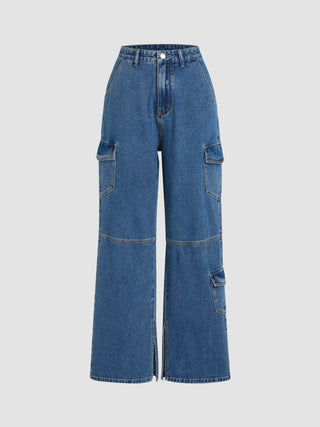 Denim Split Straight Leg Pocket Jeans