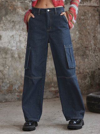 Denim Stitch Cargo Straight Leg Jeans