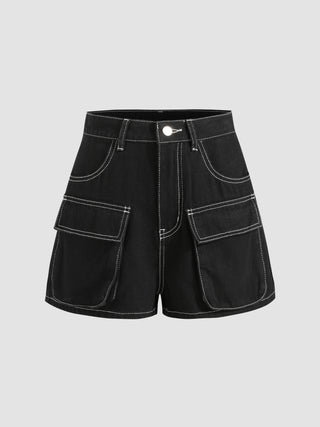 Denim Stitch Wide Leg Cargo Shorts