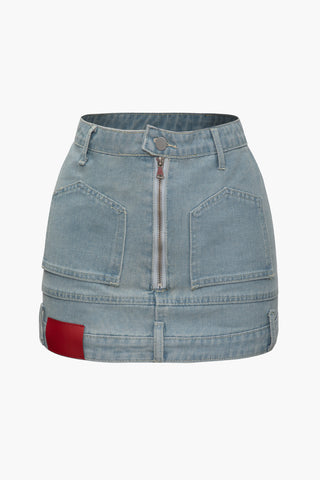 Denim Zip Up Mini Skirt (S / BABY BLUE)