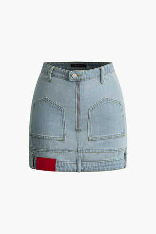 Denim Zip Up Mini Skirt (XL / BABY BLUE)