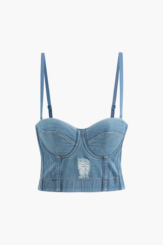 Destroyed Hook And Eye Denim Bustier Cami Top (L / LIGHT WASH BLUE)