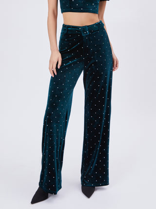 Diamond Detailed Velvet Wide Leg Trousers With Belt