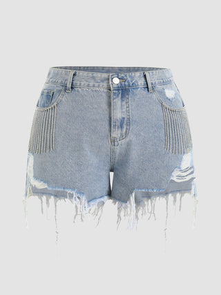 Diamond Tassels Ripped Denim Shorts Curve & Plus