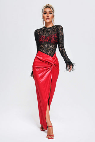 Dimetra Lace Satin Maxi Dress (S / Red)