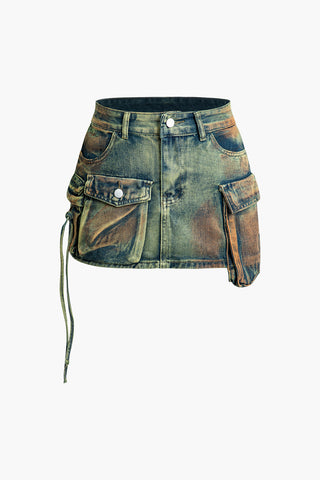 Distressed Flap Pocket Denim Mini Skirt (XS / GREEN)