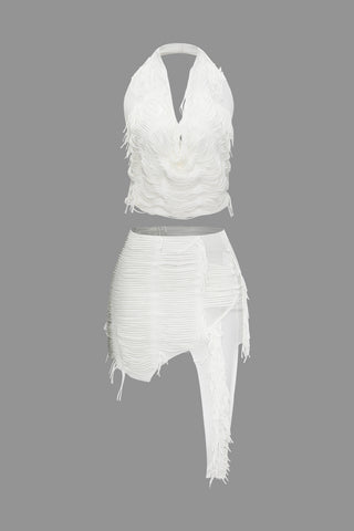 Distressed Halter Cami Top And Asymmetrical Mini Skirt Set (S / WHITE)