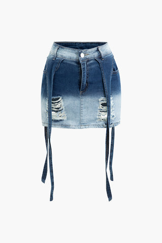 Distressed Ombre Denim Skirt with Ribbons (M / DARK WASH BLUE)