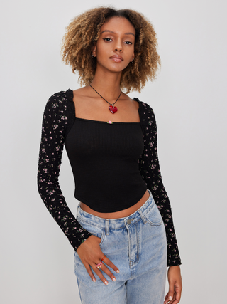 Ditsy Floral Patchy Long Sleeve Jersey Top