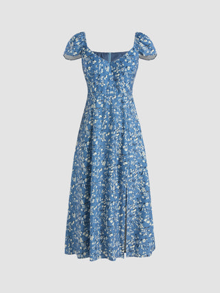 Ditsy Floral Slit Midi Dress (M / Blue)