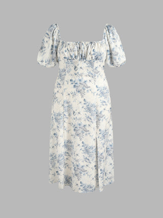 Ditsy Floral Square Neck Midi Dress (4XL / White)