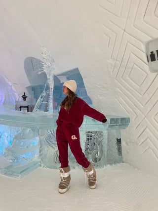 a woman standing in front of an ice sculpture