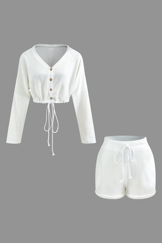 Drawstring Button Up V-neck Crop Top And Shorts Set (L / WHITE)