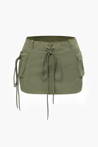 Drawstring Flap Pocket Mini Cargo Skirt (L / MILITARY)