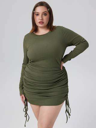 Drawstring Ruched Mini Dress Curve & Plus (2XL / Olive Green)