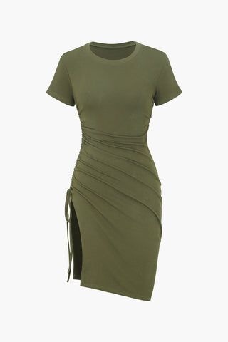 Drawstring Ruched Slit Mini Dress (L / MILITARY)