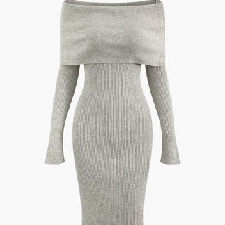 Off Shoulder Long Sleeve Rib Knit Midi Dress