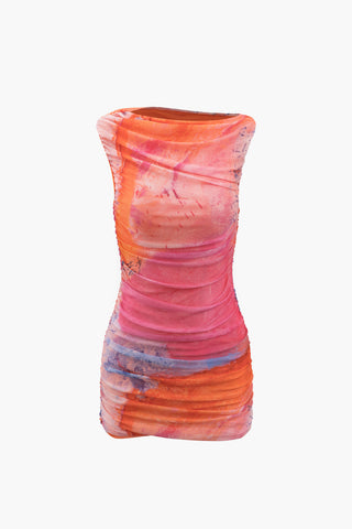 Tie Dye Mesh Ruched Sleeveless Mini Dress