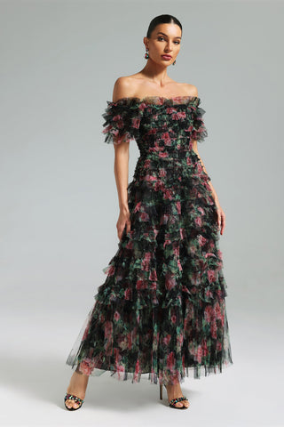 Elaba Off Shoulder Floral Mesh Maxi Dress (S / Black)