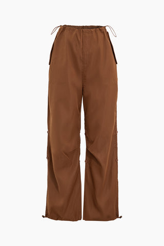 Elastic Waist Drawstring Cargo Pants with Cuffed Ankles (L / CHOCOLATE)