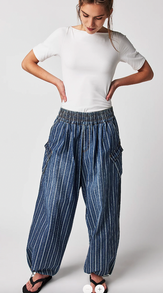 Elastic Waist Striped Drawcord Wide Leg Jeans Curve & Plus