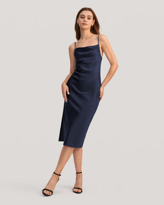 Elegant Alluring Cowl Neck Silk Dress (Navy Blue / 8)