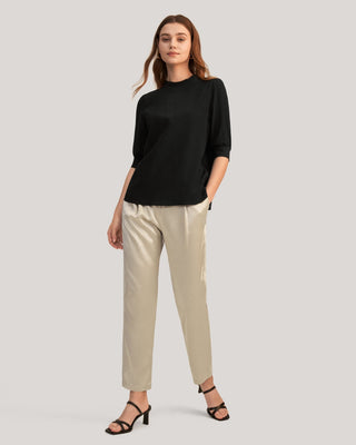 Elegant Casual Silk Tee With Rib Cuff