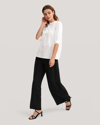 Elegant Casual Silk Tee With Rib Cuff