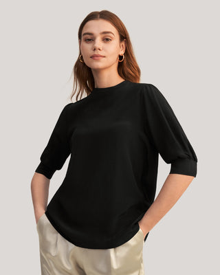 Elegant Casual Silk Tee With Rib Cuff (Black / XXL)