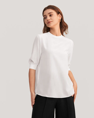 Elegant Casual Silk Tee With Rib Cuff