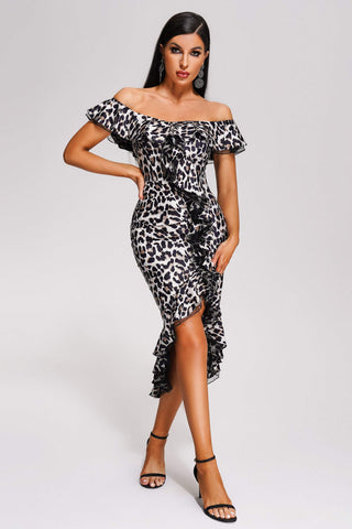 Elestren Off Shoulder Leopard Midi Dress (S / Leopard)