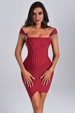 Emerson Crystal Tassle Off Shoulder Bandage Dress (S / Red)