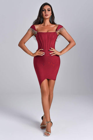 Emerson Crystal Tassle Off Shoulder Bandage Dress  Red