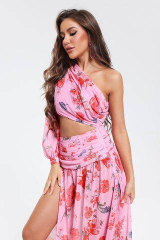 Emily Printed One Shoulder Dress (L / Pink)