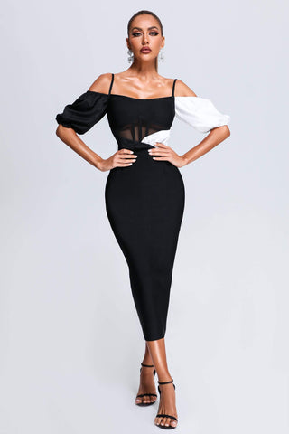 Erica Puff Sleeve Midi Bandage Dress (S / Black)