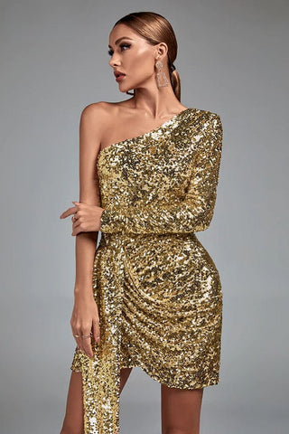 Euran One Shoulder Sequin Mini Dress (M / Gold)