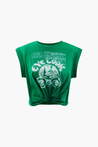 Eye Look Graphic Knot Hem T-Shirt (S / GREEN)