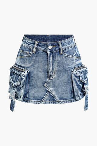 Faded Pocket Denim Mini Skirt (M / BLUE)