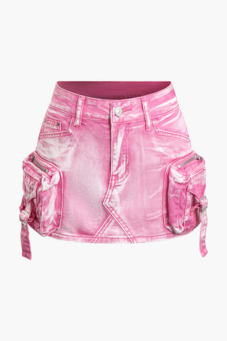 Faded Pocket Denim Mini Skirt (M / PINK)