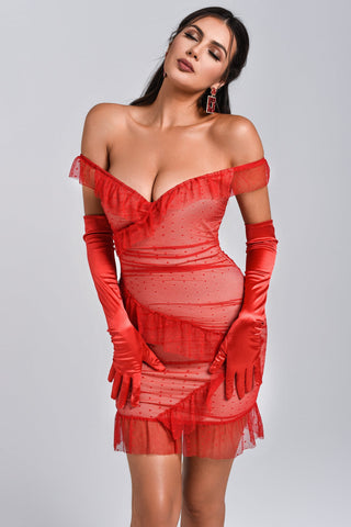 Fago Off Shoulder Mini Mesh Dress (M / Red)