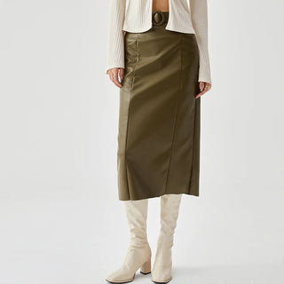 Faux Leather Belted Split Midi Skirt